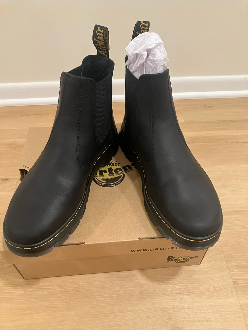 NIB Dr. Martens Black Chelsea Platform Boots with Yellow Stitching
